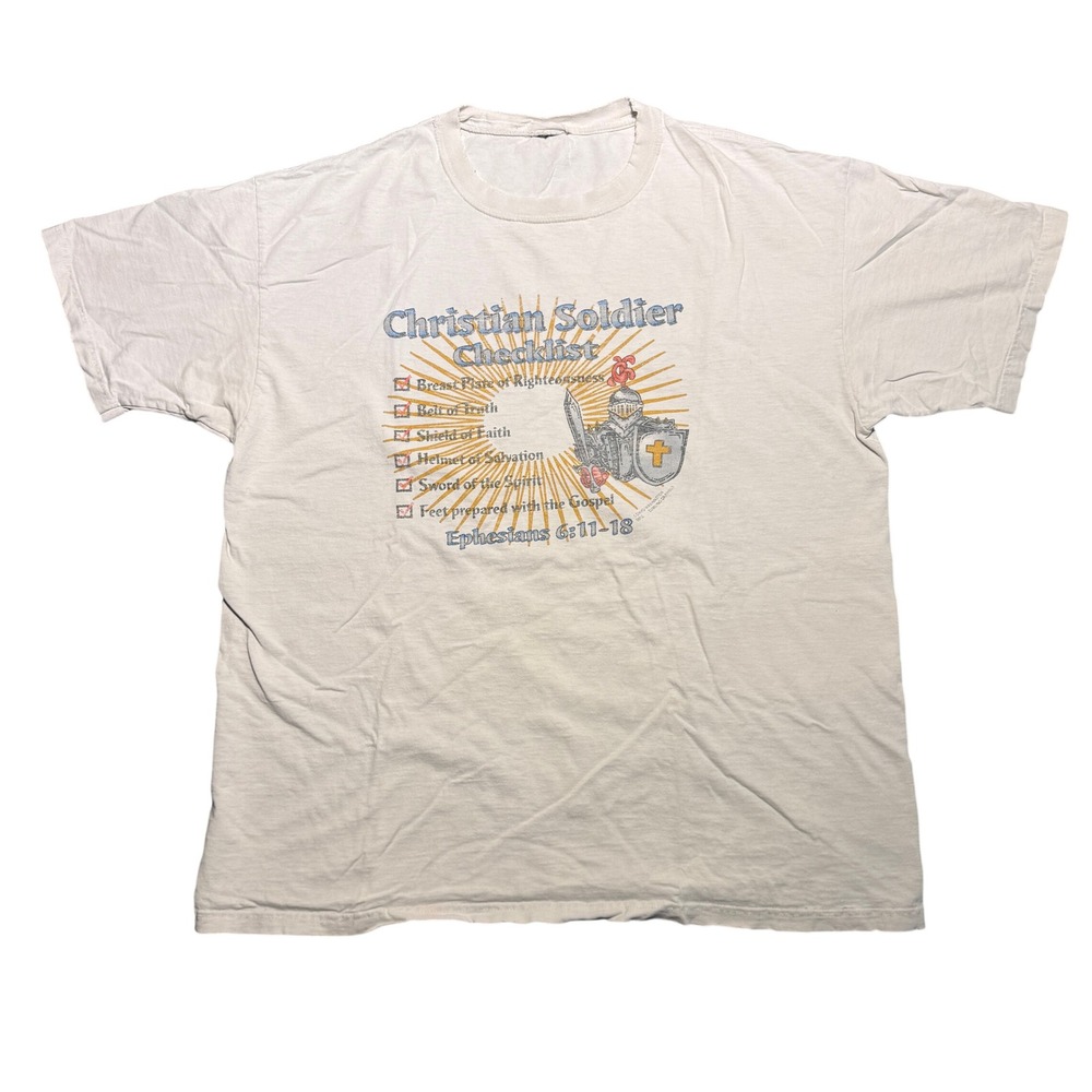 Vintage Christian Soldier Checklist T-Shirt Distressed Off-White Ephesians 6 XL